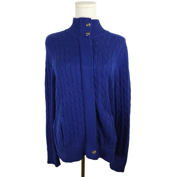 LRL Lauren Active Ralph Lauren Sweater Large Blue Cable Knit Cardigan Zip Preppy - Picture 3 of 12